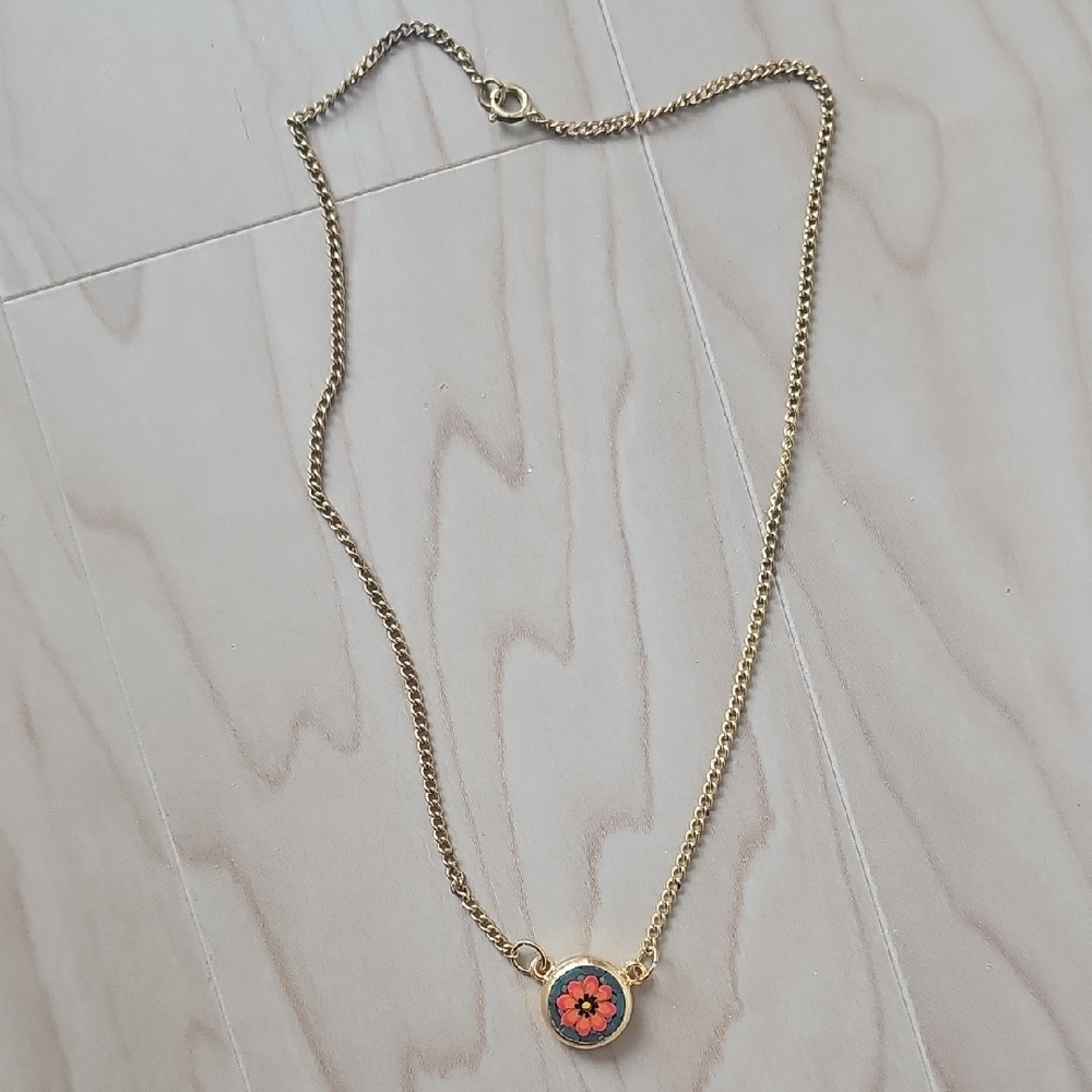Gold Chain Necklace with Red and Black Flower Pendant